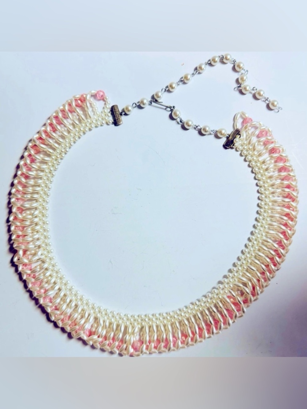 Vintage 80’s Pink & White Adjustable Beaded Layered Collar Necklace 15”-22”